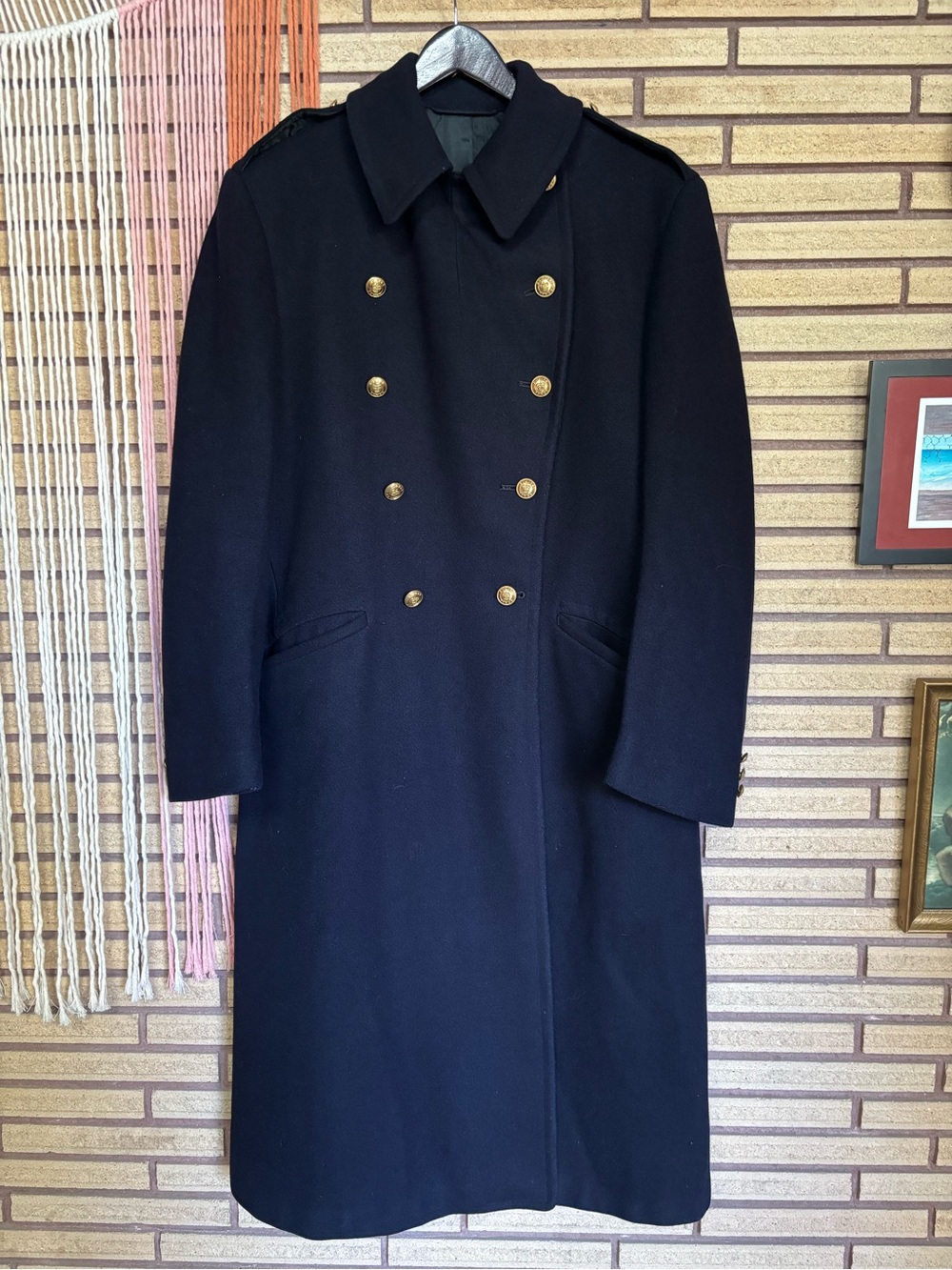 80's Full-Length Navy Wool Overcoat - Unisex Navy Pea Coat - Chest 44 - Military